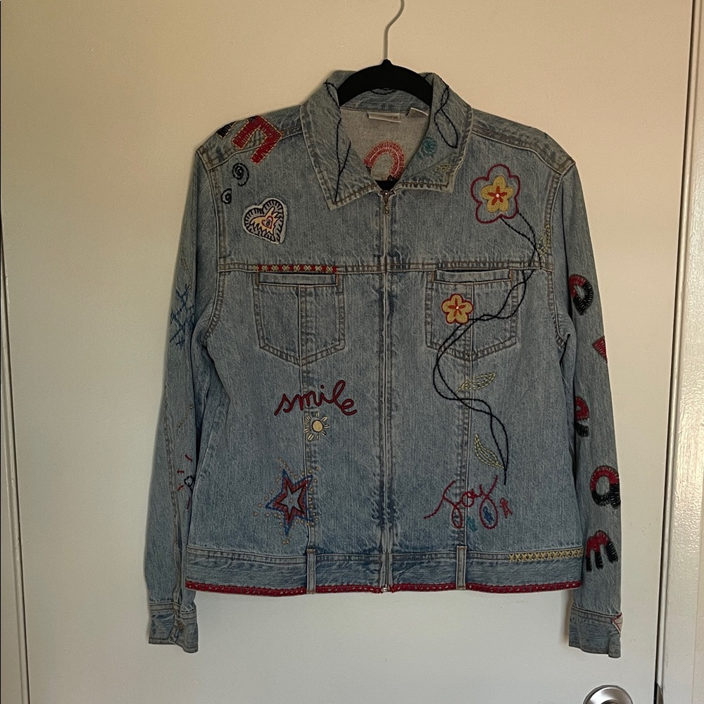 Vintage Chico's Embroidered happy peace smile demin Jacket - Picture 2 of 12